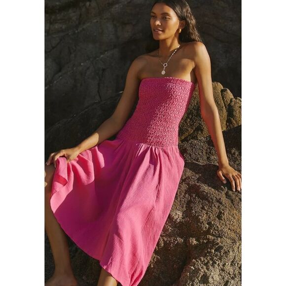 Anthropologie Crinkle Gauze Strapless Smocked Coverup Cut Out Beach Dress Sz M - Picture 2 of 13